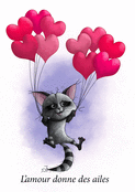 Un chat en flott&eacute;e de coeurs d'amour